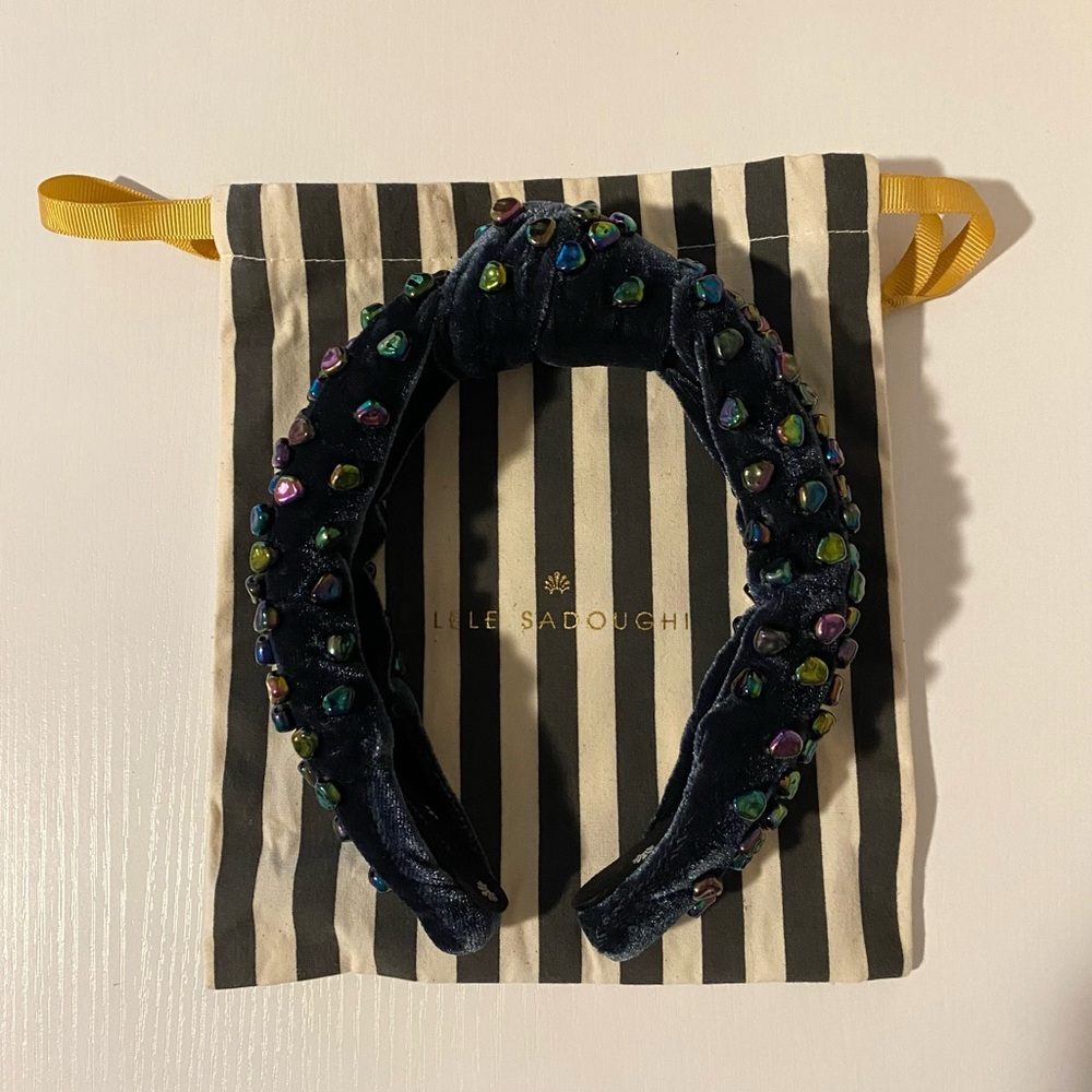 Lele Sadoughi Navy Velvet Headband with iridescent black stones - worn once
